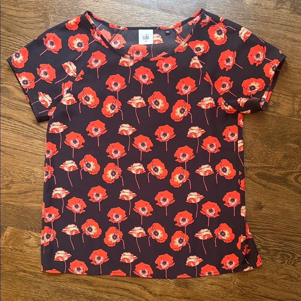 CAbi Flanders Poppy Split Back Top in Fiery Red and Black Style 3251 Size XS